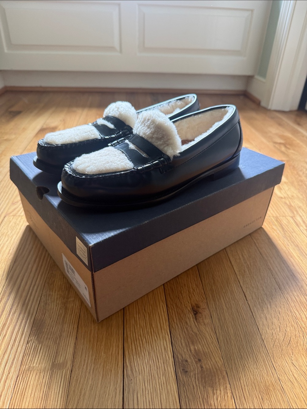 G.H. Bass & Co. Black Leather Loafers with Cream Shearling Lining